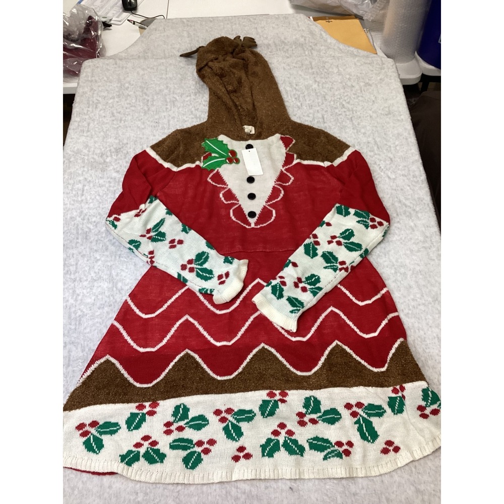 Born Famous Reindeer Hooded Christmas Sweater Dress Red White XL S0845